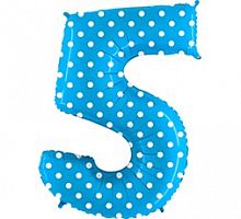 Шар Цифра 5 Голубая в горошек 85см