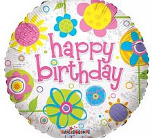Шар круг «С днем рождения розовые цветы»