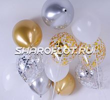 Шарики Золотые Белые Серебро с конфетти 30см