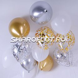 Шарики Золотые Белые Серебро с конфетти 30см
