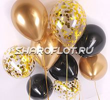 Шарики Золото Черные с конфетти Хром 30см