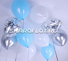 Шары Белые Голубые Серебро с конфетти 30см