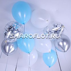 Шары Белые Голубые Серебро с конфетти 30см